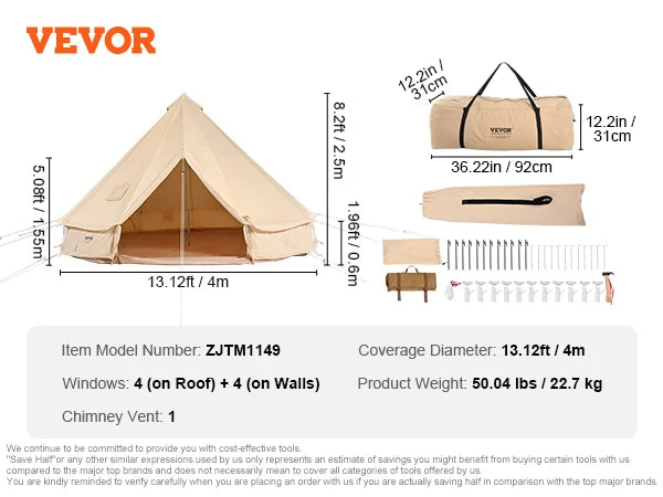 VEVOR Canvas Bell Tent 4 Seasons 4 m/13.12 ft Yurt Tent Canvas Tent for Camping with Stove Jack Breathable Tent Holds 6 People
