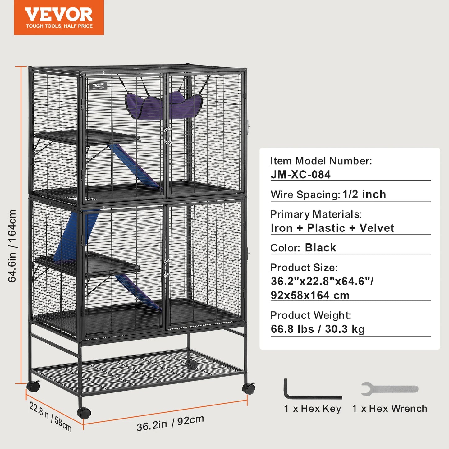 VEVOR 64.6" Rolling Metal Ferret Cage Large 4-Tier Critter Nation Cage Small Animal Cage for Pet Rats Hamster Guinea Chinchilla