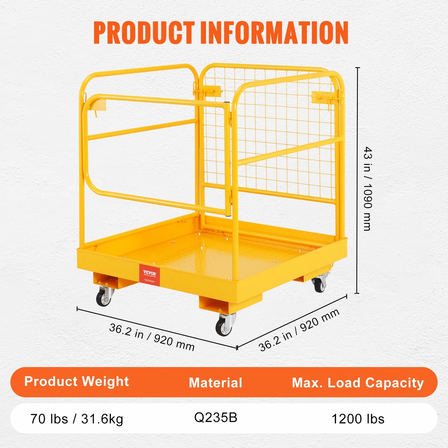 VEVOR 1200lbs Forklift Safety Cage Folding Security Platform with Lockable Swivel Wheels Holds 1 to 2 Adults for Aerial Work