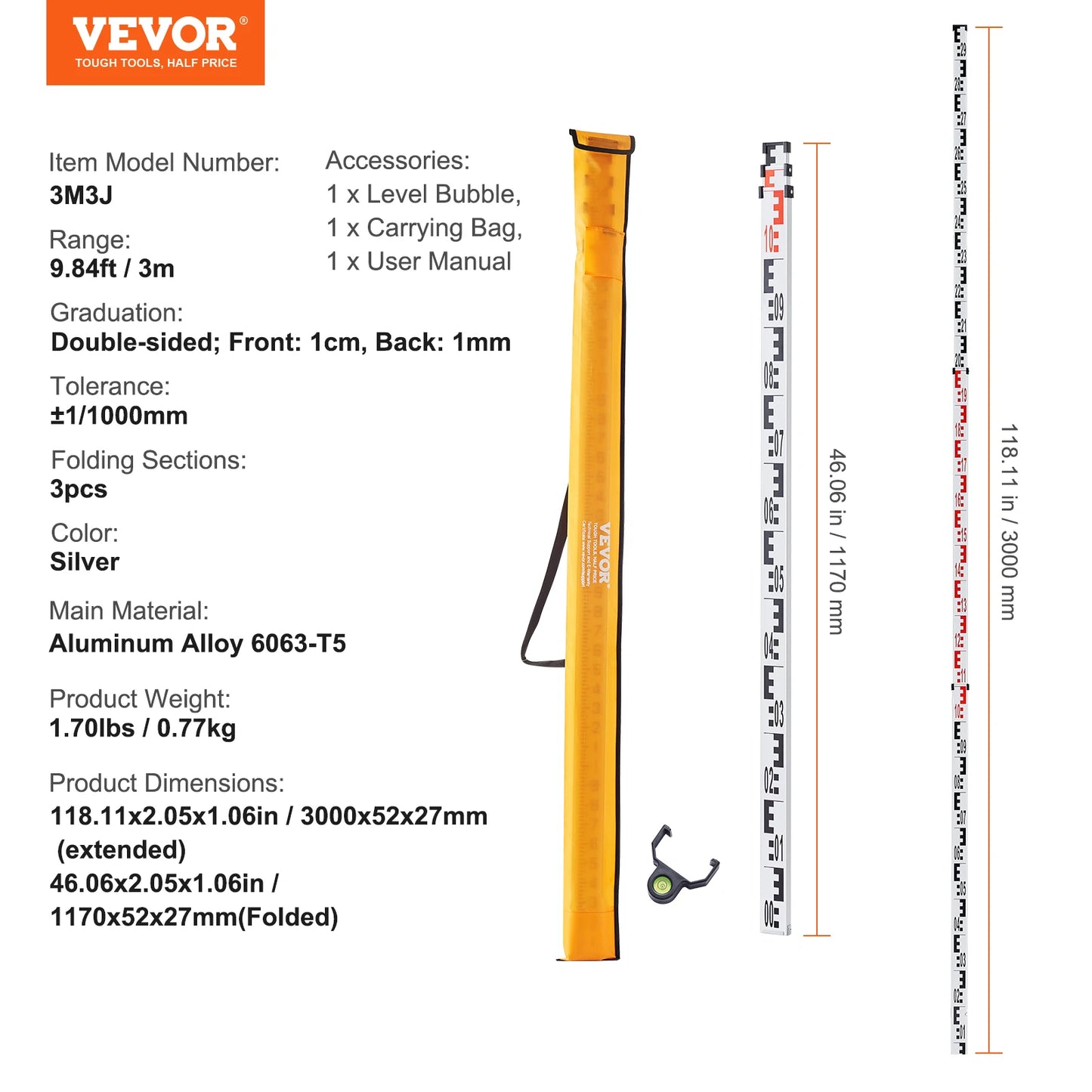VEVOR Aluminum Grade Rod 4M Metric Telescopic Measuring Rod Double-Sided Scale in CM/MM Leveling Rod Stick Aluminum Alloy Survey