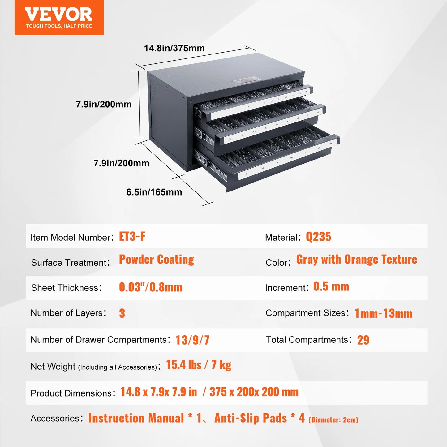 VEVOR Drill Bit Dispenser Cabinet Three-Drawer Drill Bit Organizer Cabinet Steel Drill Dispenser Organizer Cabinet Storage