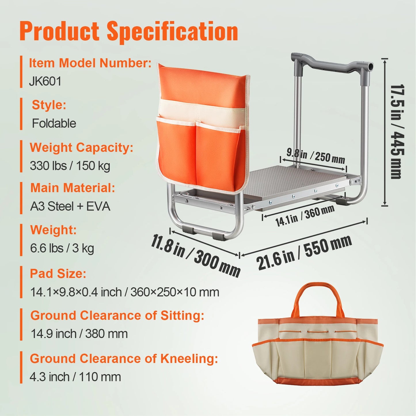 VEVOR Garden Kneeler and Seat Foldable Garden Stool Kneeling Bench for Gardening with Tool Bag Gifts for Grandparents Seniors