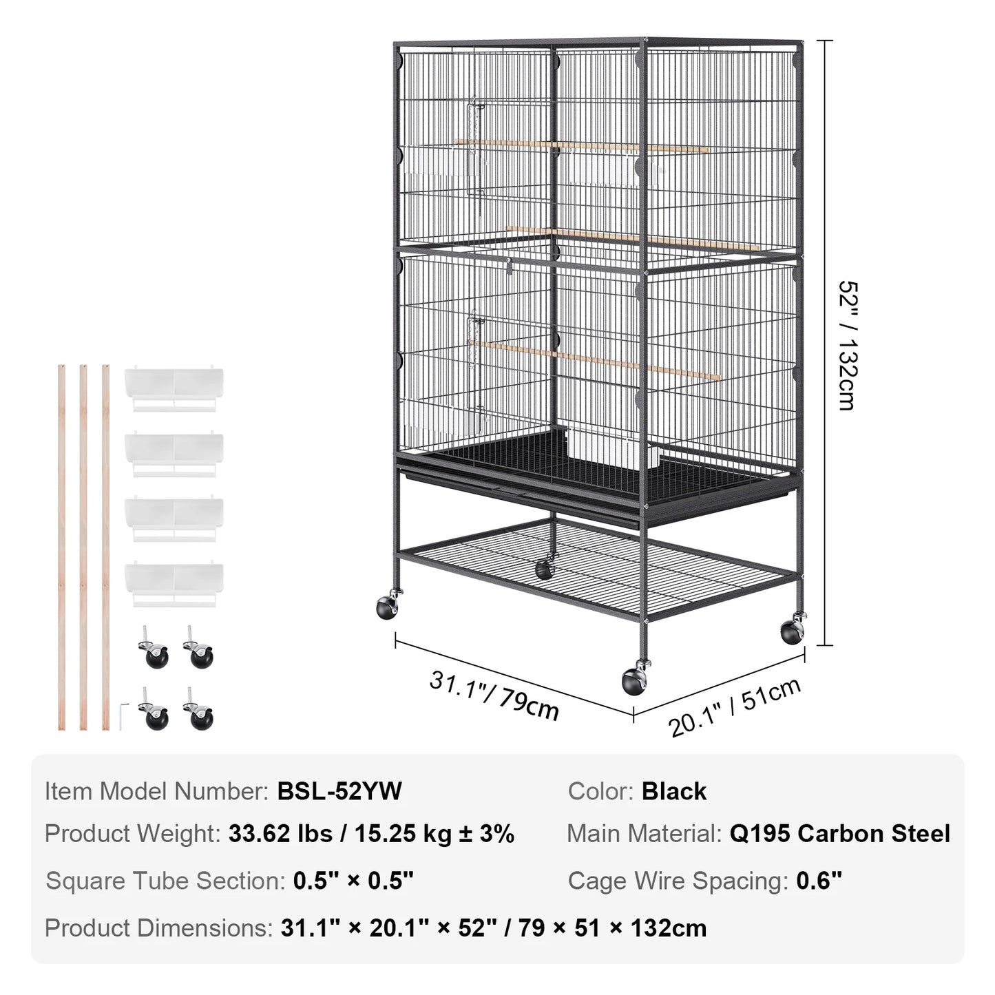 VEVOR 52/54 inch Standing Large Flight Bird Cage Carbon Steel Parakeets Cages with Rolling Stand and Tray for Cockatiels Parrots