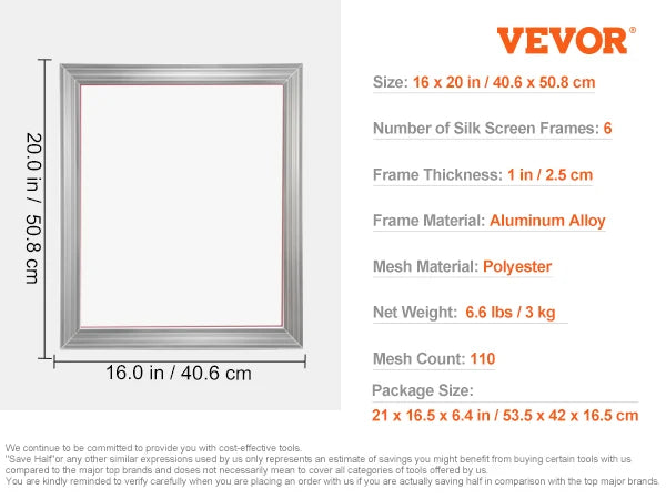 VEVOR 6 PCs Screen Printing Kit 10x14 inch Aluminum Silk Screen Printing Frames Silk Screen Printing Frame Tension Nylon Mesh