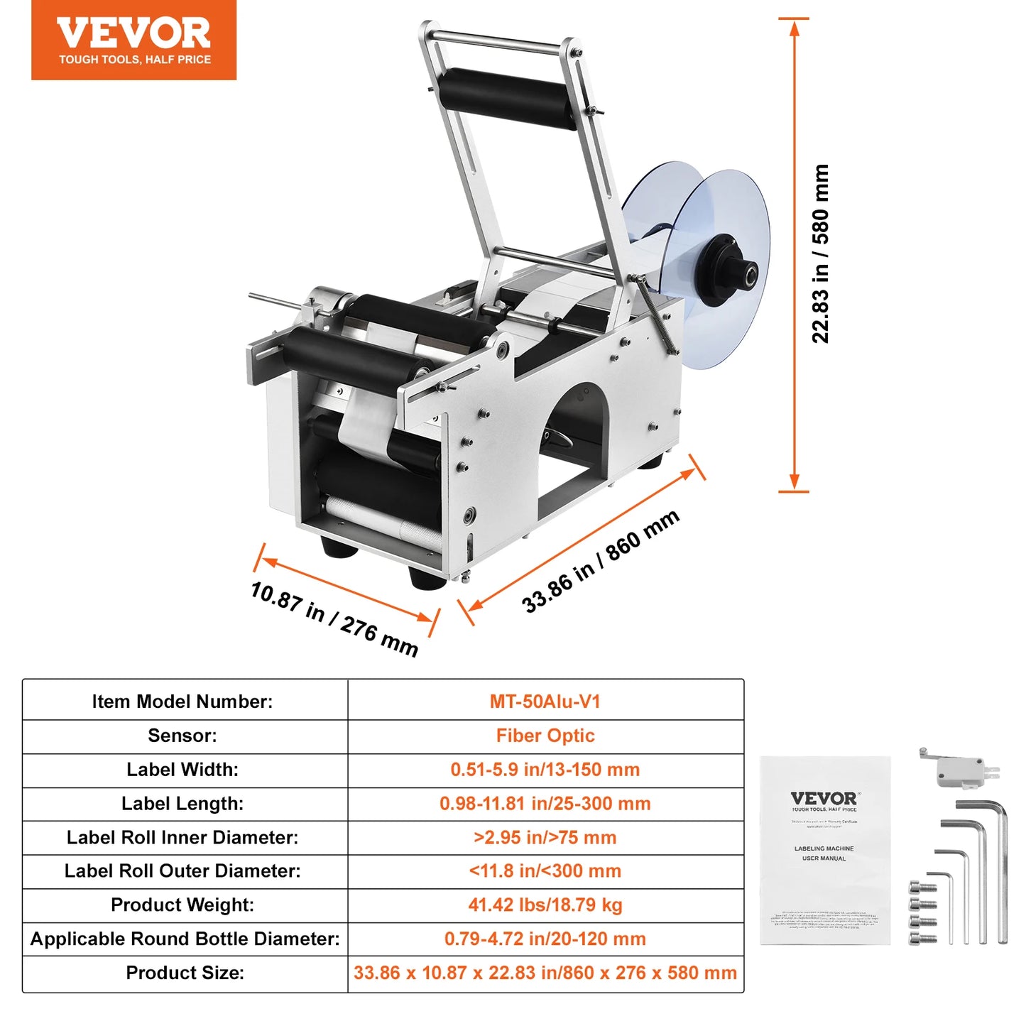 VEVOR Semi-Automatic Round Bottle Labeling Machine 20-50pcs/min Electric Label Applicator for Bottles Diameter 0.78-4.72in
