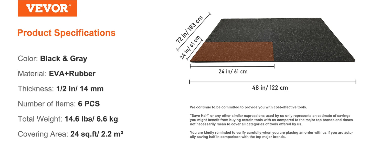 VEVOR 25/12/6 PCS 1/2 inch Thick Gym Floor Mats EVA Foam & Rubber Top Interlocking Workout Floor Mats Waterproof Exercise Mats