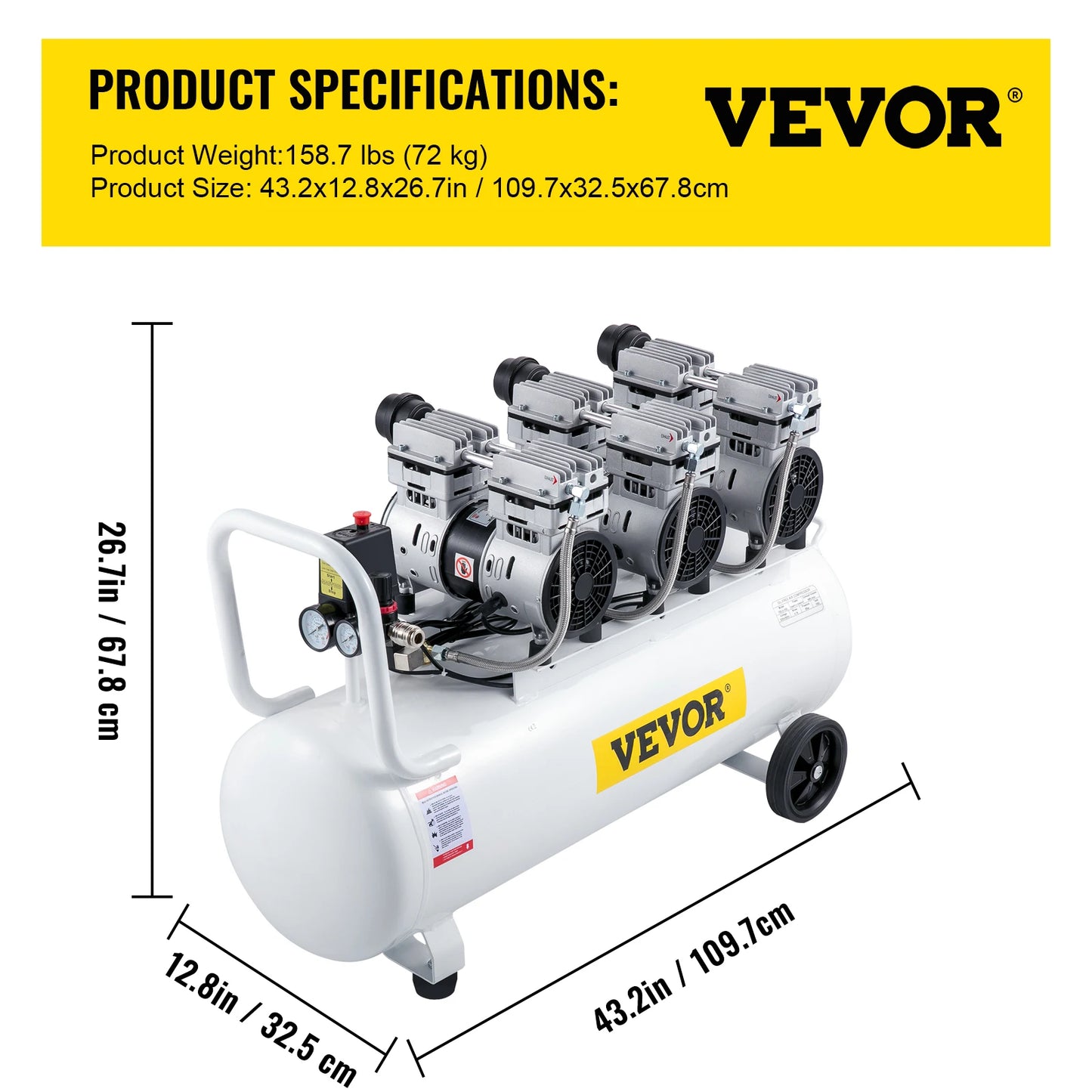VEVOR 100L Air Compressor With Twin Pressure Gauge Safe Solenoid Valve 3HP 22 Gallon Ultra Quiet Silent Oil-free Air Compressor