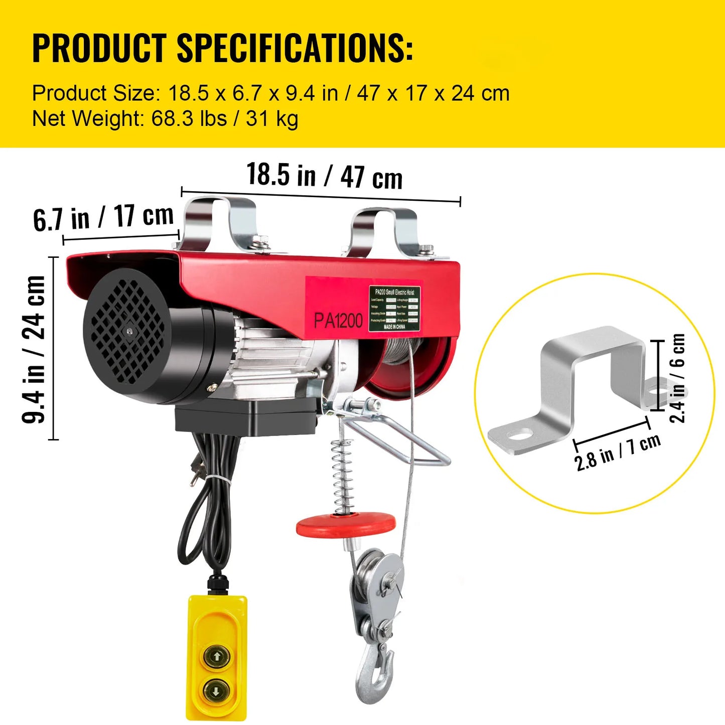VEVOR 1200KG 12M Electric Hoist Lifting Crane Cable Hoist Winch with Wired Remote Control for Boat Car Garage Elevator Factory