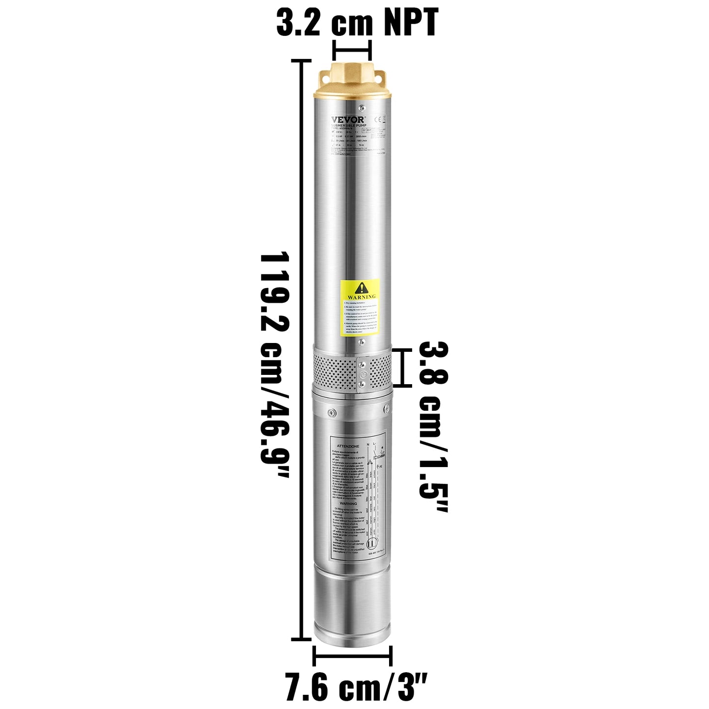 VEVOR Deep Well Submersible Pump 750W 20 m Electric Cord 7.6 cm Stainless Steel Water Pumps for Industrial Irrigation & Home Use