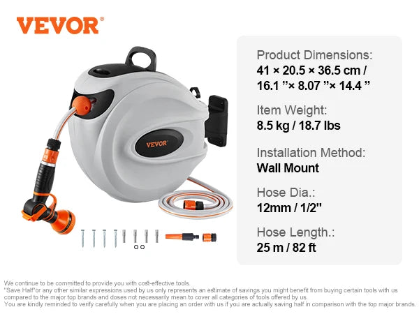 VEVOR Retractable Hose Reel 82 feet x 1/2 inch 180° Swivel Bracket Wall-Mounted Garden Water Hose Reel with 9-Pattern Nozzle