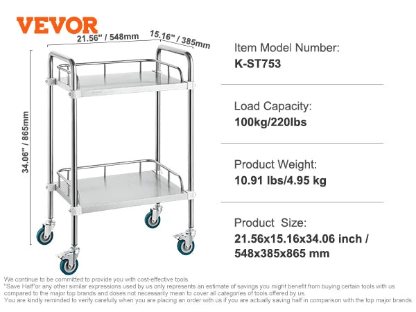 VEVOR Lab Rolling Cart 2-Shelf Stainless Steel Rolling Cart Lab Serving Cart Dental Utility Cart for Clinic Lab Hospital Salon