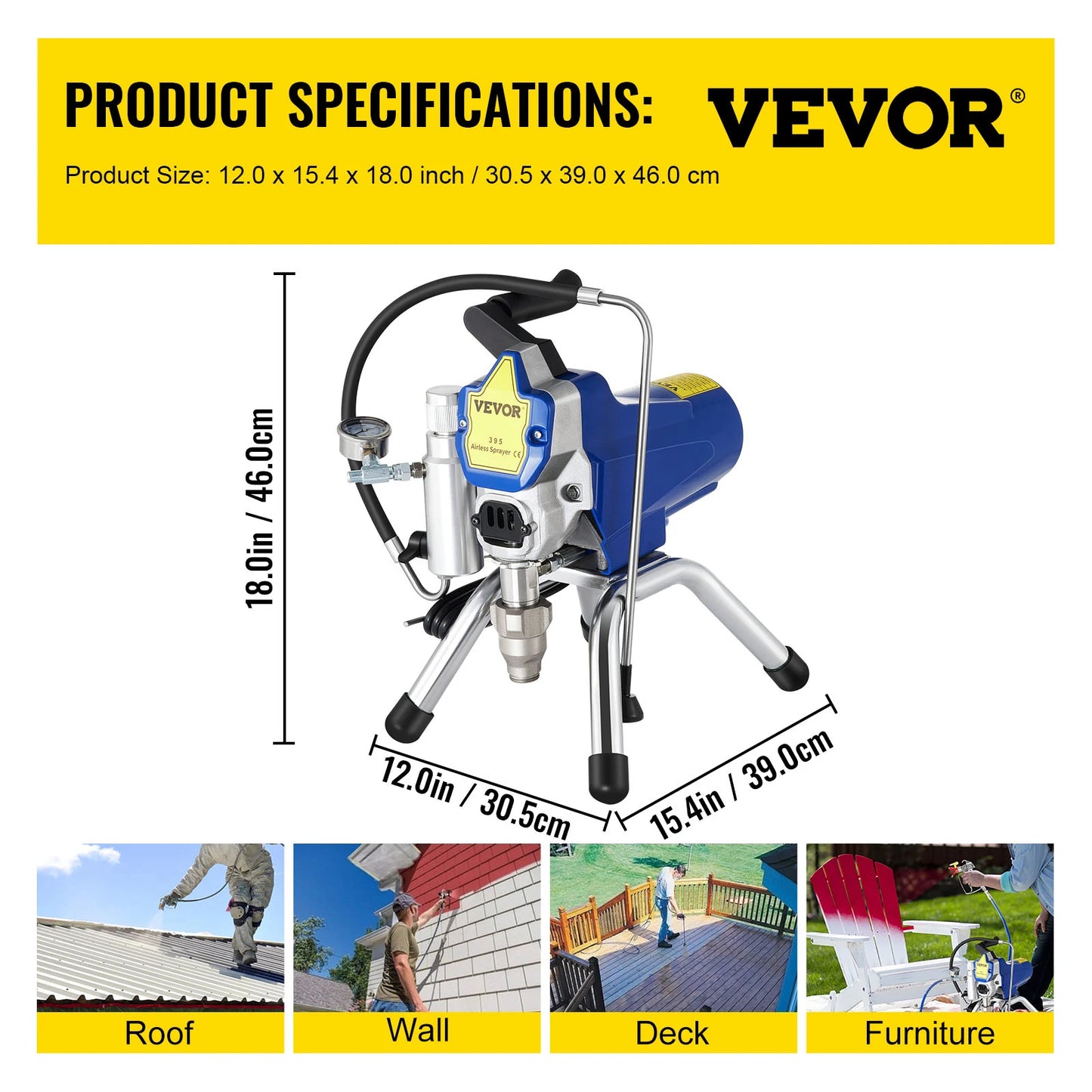 VEVOR Airless Spraying Machine Professional Ultra Silent Wall Paint Spray Gun 3000PSI-Pressure 2.5L/Minute-NoLoad Displacement