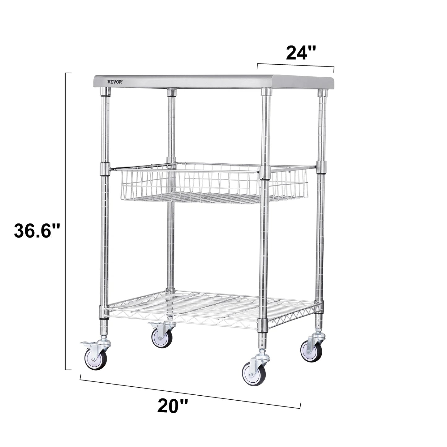 VEVOR Rolling Utility Cart 3-Tier Mobile Shelving Unit Organizer Service Cart on Wheels Metal Storage Trolley for Kitchen Bar