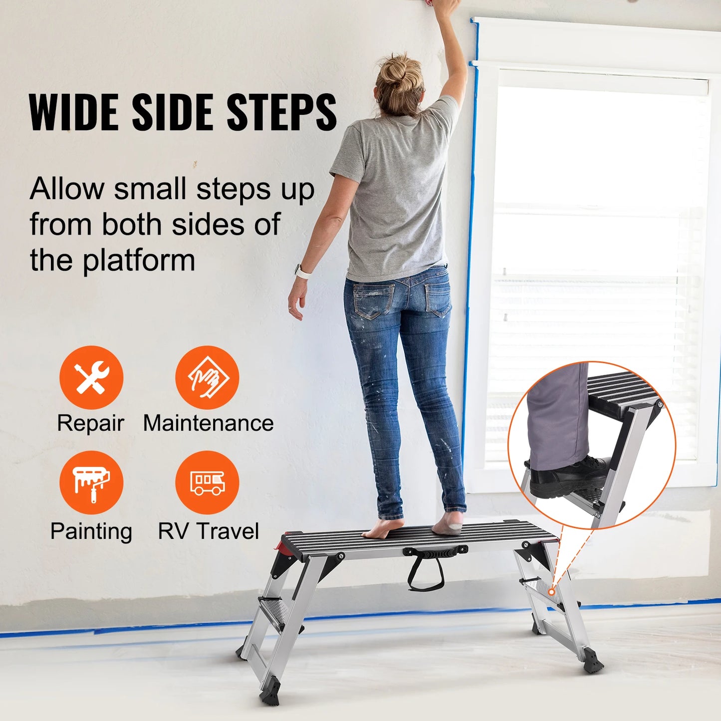 VEVOR Folding Work Platform 660 lbs Load Capacity Aluminum Drywall Stool Ladder Bench w/ Non-Slip Feet for Washing Vehicles