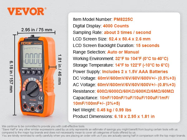 VEVOR Digital Multimeter 4000/6000 Counts Tester DC AC Voltmeter NCV , Ohm Volt Amp Tester for Current and Voltage Measurement