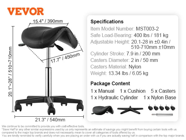 VEVOR Ergonomic Saddle Stool with 5 Swivel Casters 360° Rotation 20.1-28 in Height Adjustable Round Stool for Bar Salon Office