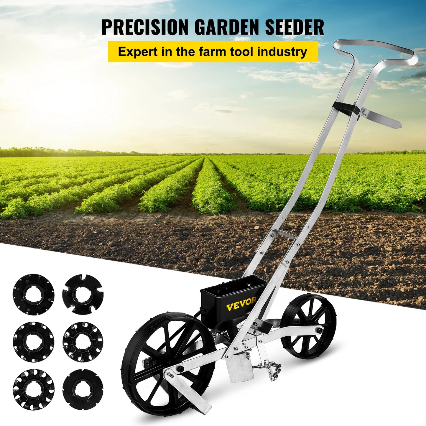 VEVOR Multi-function Hand-push Seeder W/ 6 Seed Plates Precision Lawn Spreader Cotton Vegetable Wheat Corn Peanut Seeder Planter
