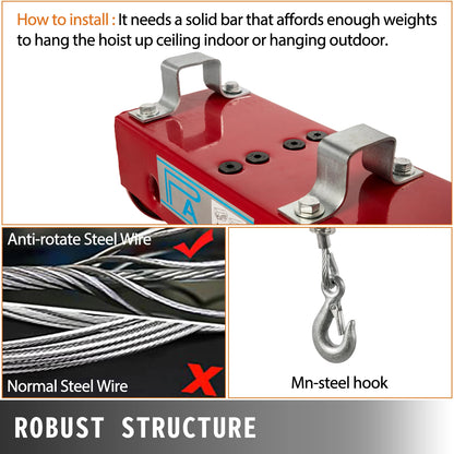 VEVOR 440/880 lbs Electric Hoist Crane New Portable Lifter Overhead Garage Winch with Wired Remote Control Clearance Sale