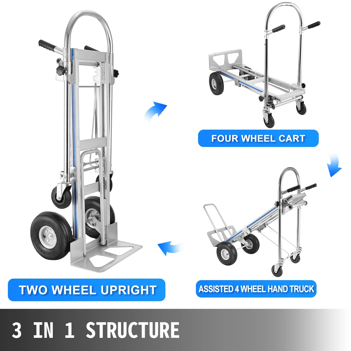 VEVOR 3-in-1 Aluminum Hand Truck Foldable Dolly Cart 1000 lb Capacity 350kg Max Weight for Home Using Industrial Heavy Duty Work
