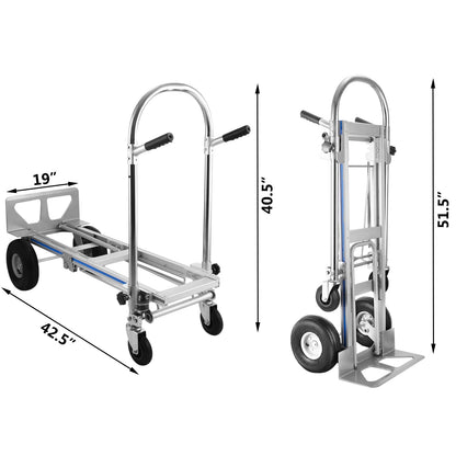 VEVOR 3-in-1 Aluminum Hand Truck Foldable Dolly Cart 1000 lb Capacity 350kg Max Weight for Home Using Industrial Heavy Duty Work