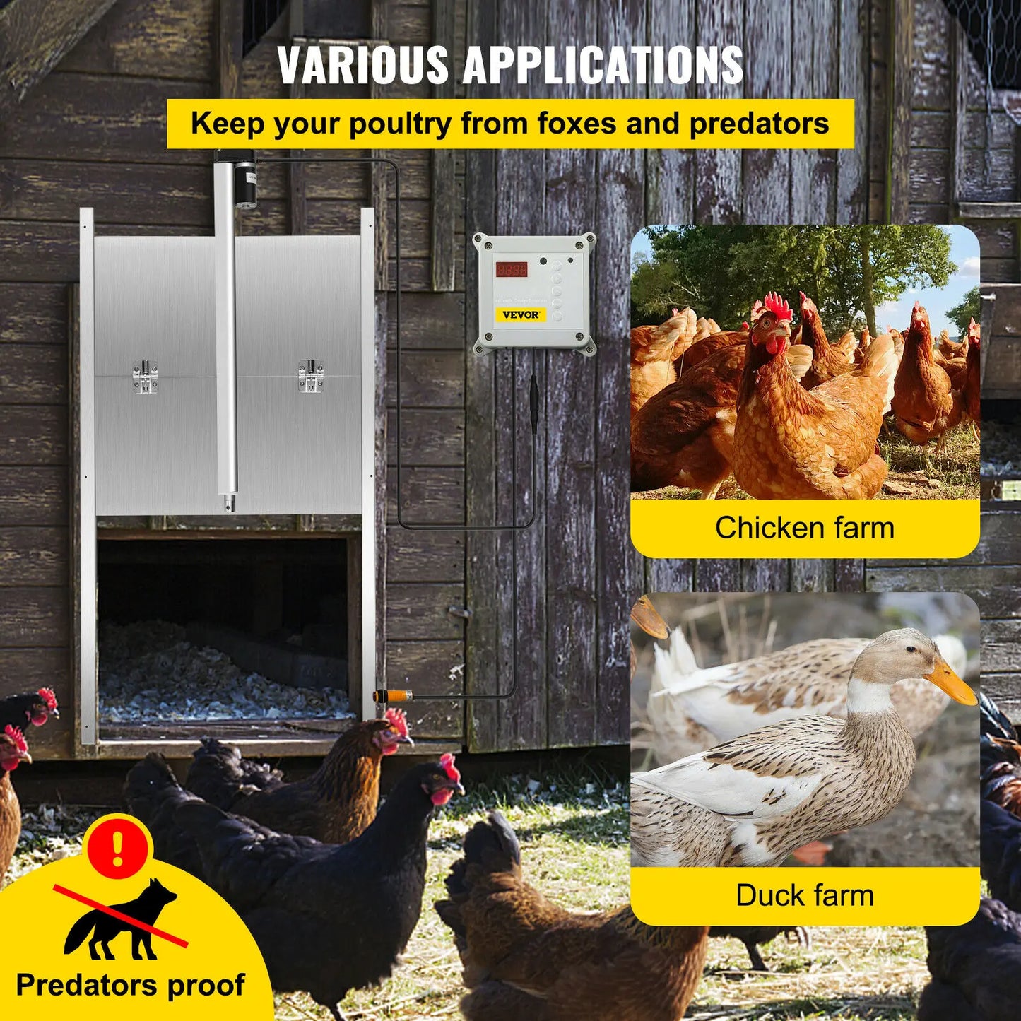 VEVOR Automatic Chicken Coop Door Timer & Light Sensor W/ 2 Remote Controls Opening Farm 110-220V Chicken Pets Dog Door Opener