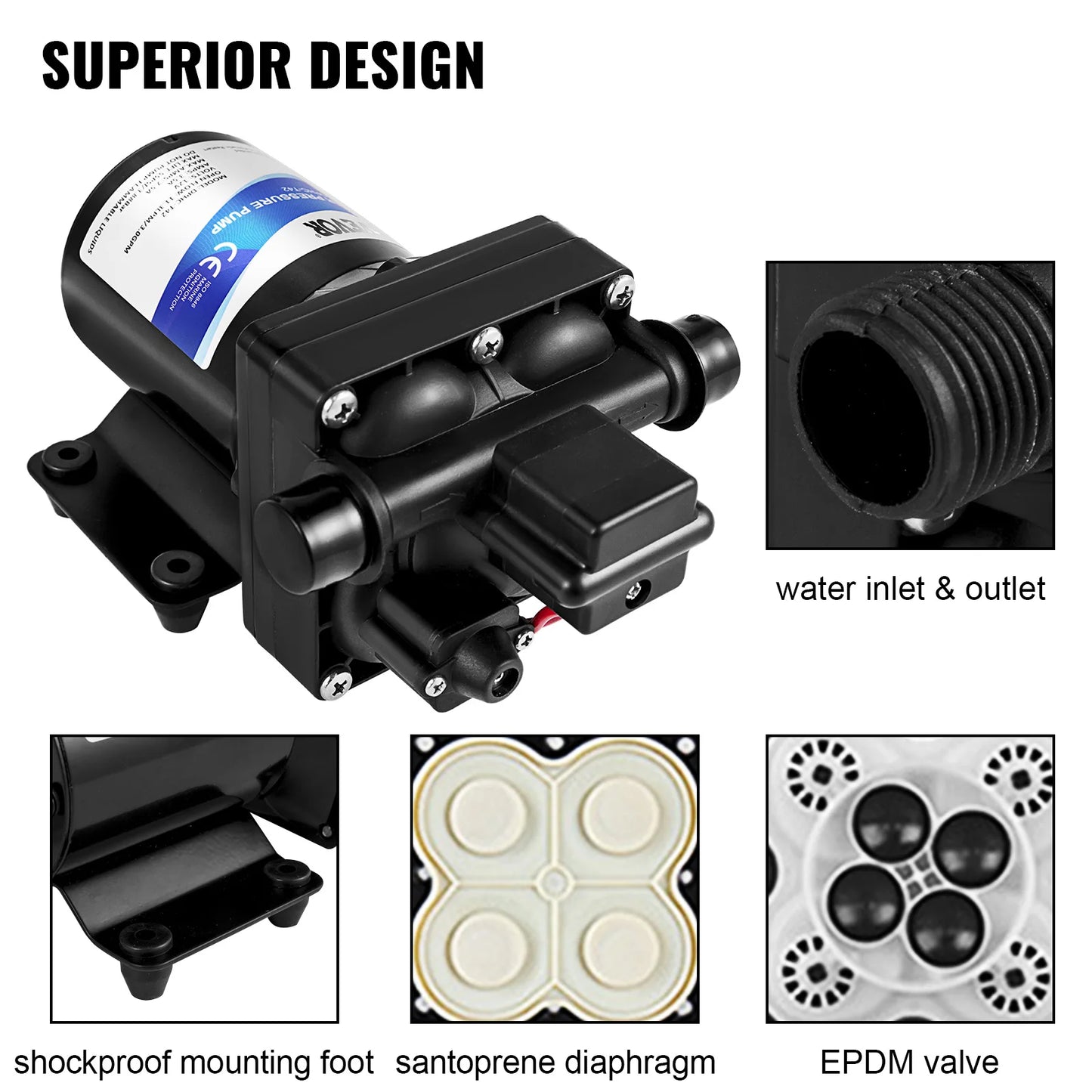 VEVOR 4GPM Fresh Water Pump 12V Self Priming Sprayer Pump RV Water Pump w/ Pressure Switch RV Camper Marine Boat Diaphragm Pump