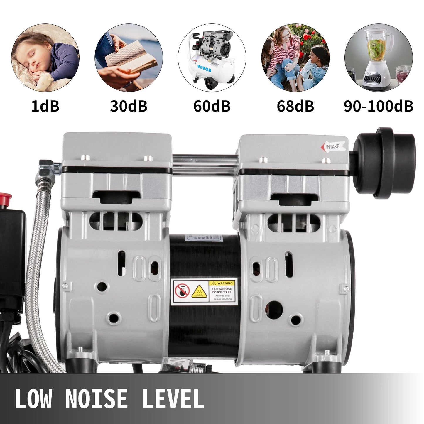 VEVOR 25/60L Air Compressor 110V/240V Silent Oil-Free Air Compressor 750W 1 HP For Home Repair Tire Inflation Whisper Compressor