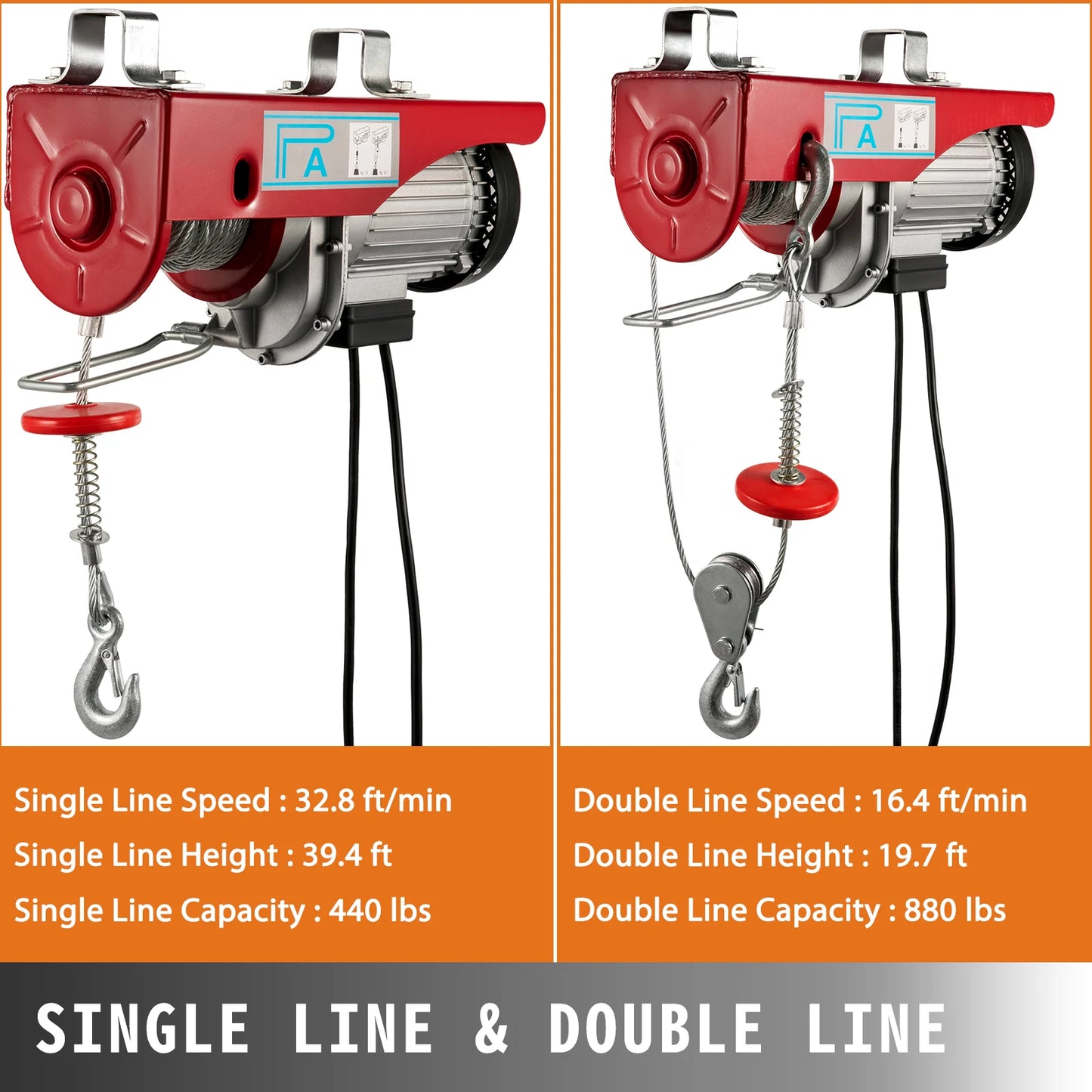 VEVOR 440/880 lbs Electric Hoist Crane New Portable Lifter Overhead Garage Winch with Wired Remote Control Clearance Sale