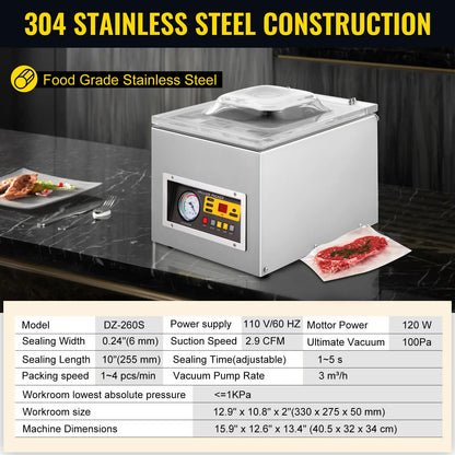 VEVOR DZ-260S Food Vacuum Packing Machine Commercial Chamber Vacuum Sealer Kitchen Meat Bag Packaging Food Saver Sealing Machine