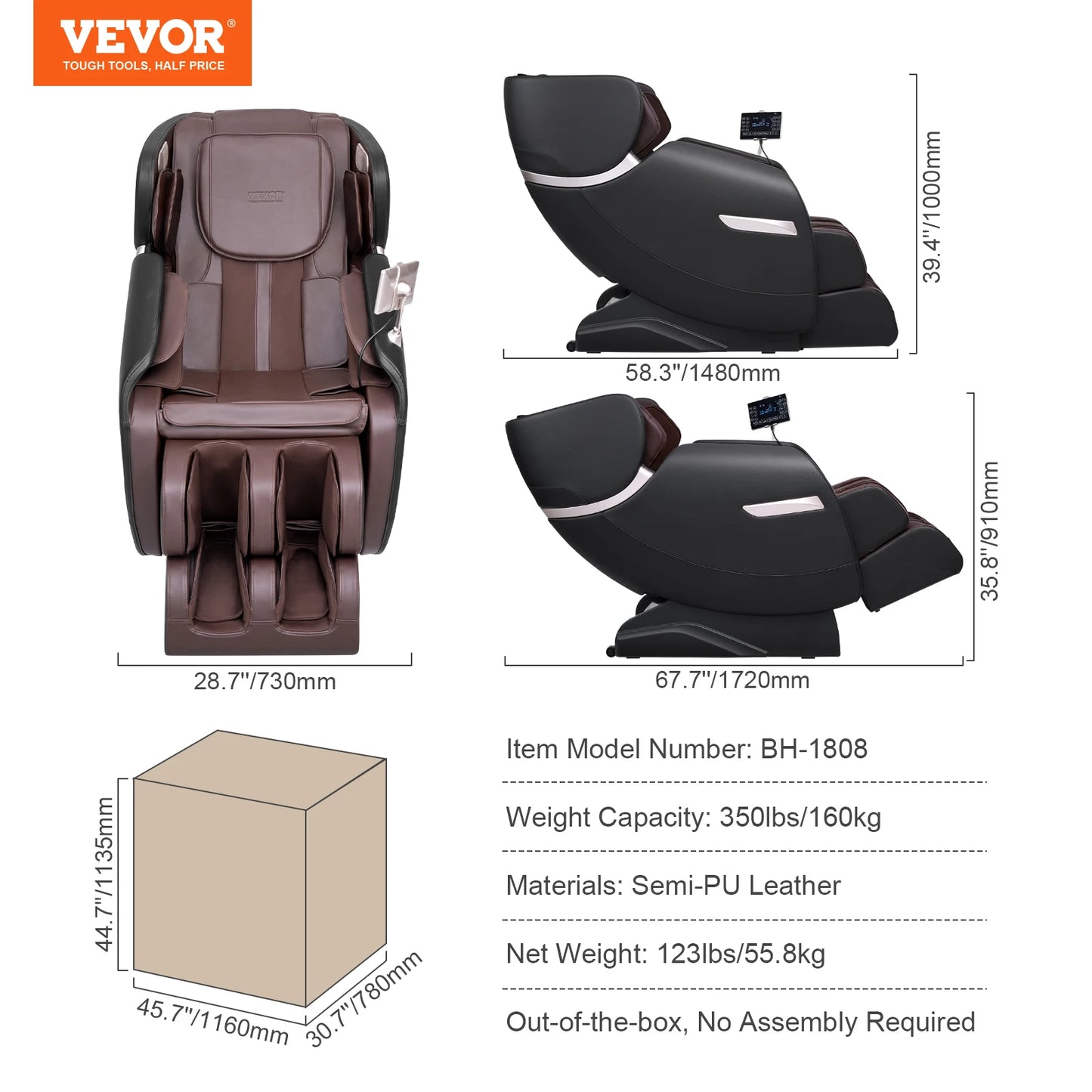 VEVOR Massage Chair - Full Body Zero Gravity Recliner with Multi Auto Modes 3D Shiatsu Heating Bluetooth Speaker Foot Roller