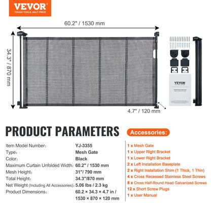 VEVOR Retractable Baby Gate Tall Mesh Baby Gate Extends up to Wide Retractable Gate for Kids or Pets Retractable Dog Gates