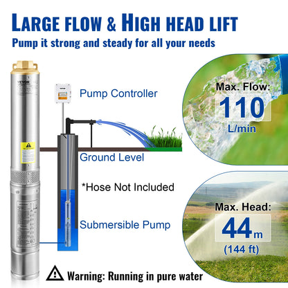 VEVOR Deep Well Submersible Pump 110L/min 44 m Head 10.2 cm Stainless Steel Water Pumps for Industrial Irrigation & Home Use