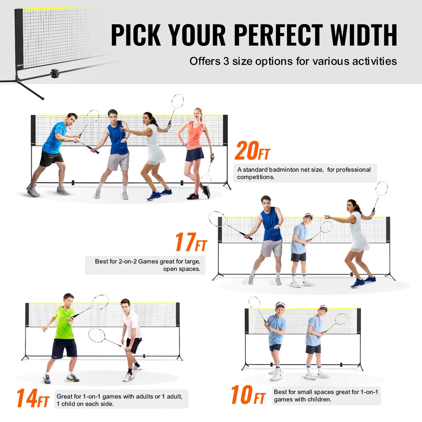 VEVOR 10/14/17FT Badminton Net Height Adjustable Volleyball Net Wide Foldable Pickleball Net Portable Easy Setup Tennis Net Set