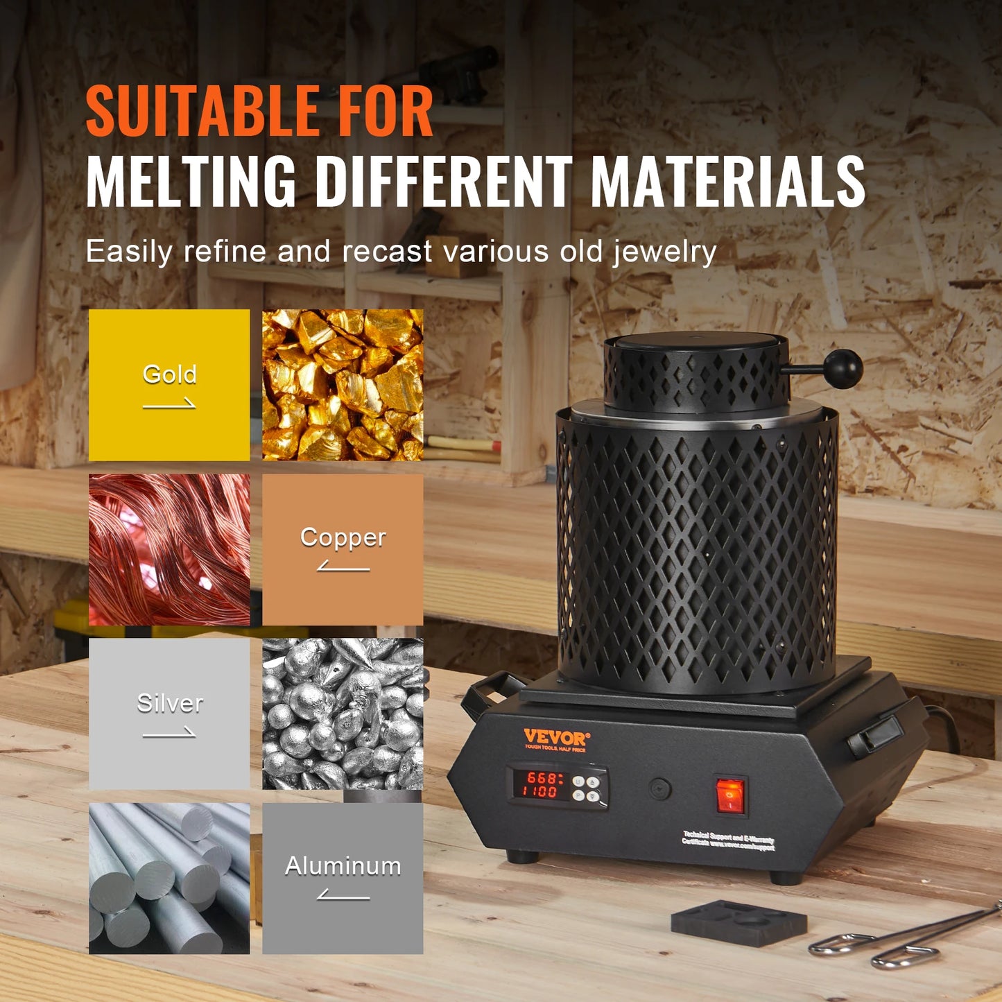 VEVOR 1350W Gold Melting Furnace 2102℉/1150℃ Electric Furnace with Graphite Crucibles for Melting Gold Silver Aluminum Copper