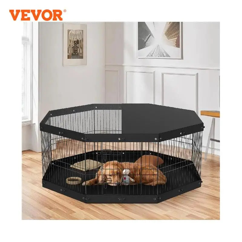 VEVOR Dog Playpen 8 Panels Foldable Metal with Top Cover and Bottom Pad 24" H Dog Pen for Small Medium Pets for Camping Yard
