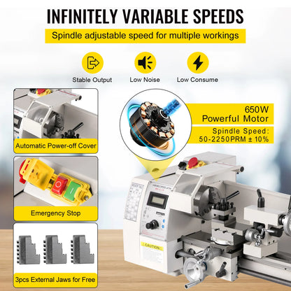 VEVOR Mini Metal Lathe Machine 8"x14" (210*350 mm) 650W Variable Speed for DIY Metal Working Turning Drilling Threading Milling