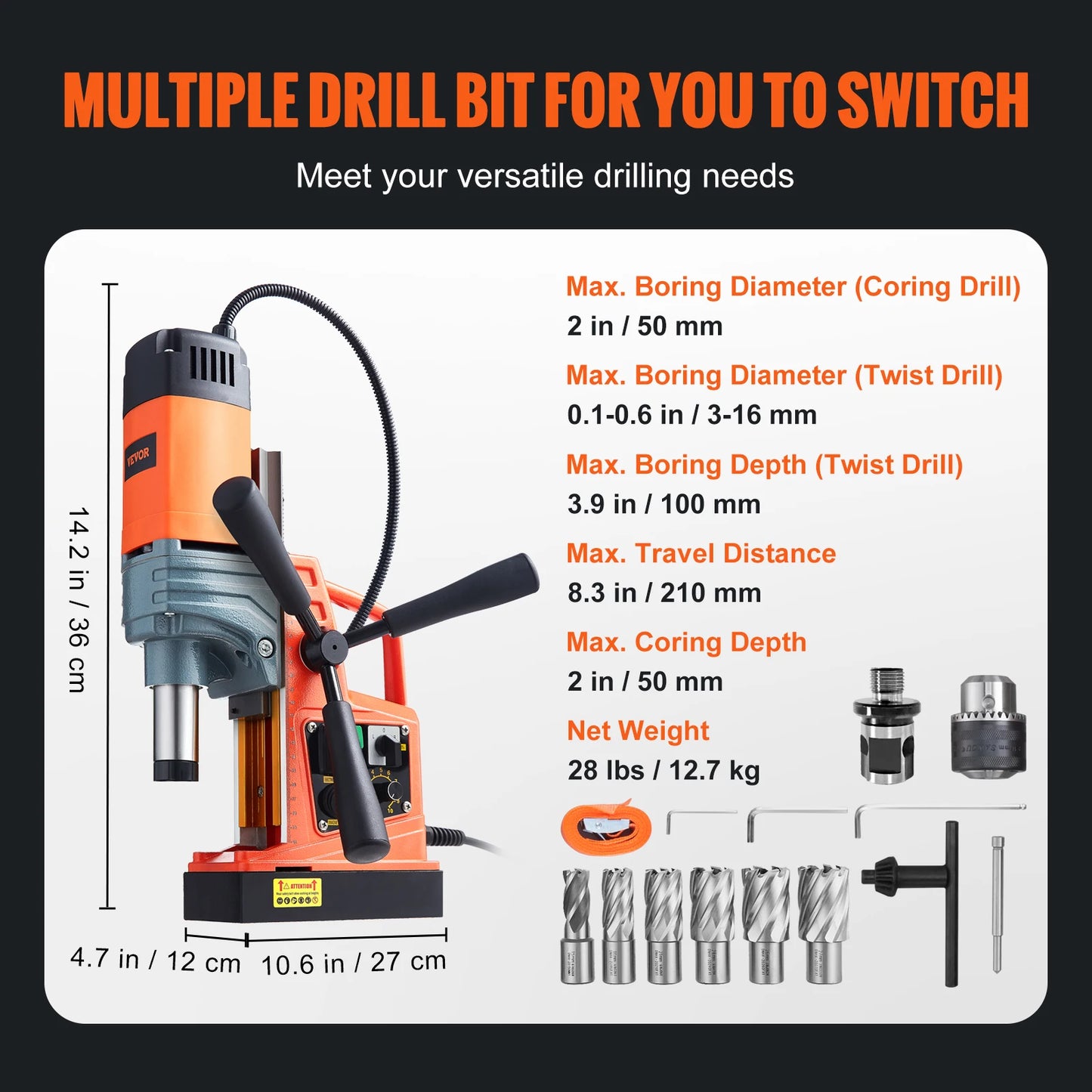 VEVOR 1300W 1400W 2" Electric Drilling Machine Magnetic Drill Press Boring Diameter Power Drill 1-second Release Drill
