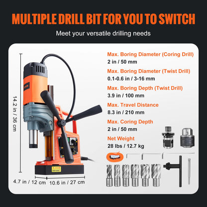 VEVOR 1300W 1400W 2" Electric Drilling Machine Magnetic Drill Press Boring Diameter Power Drill 1-second Release Drill