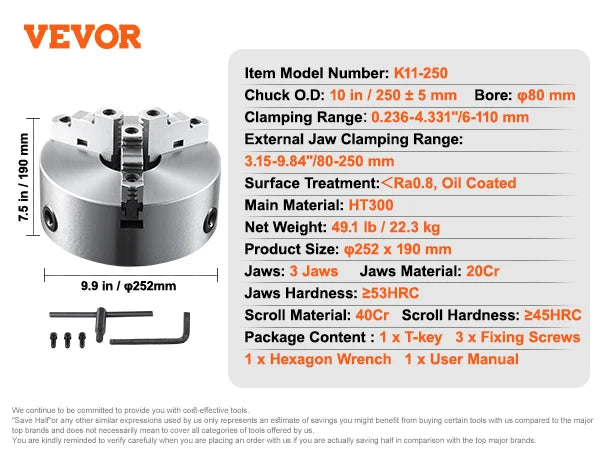 VEVOR 3-Jaw Lathe Chuck 100/125/160/200/250 mm Self-Centering Lathe Chuck Multiple Clamping Range for Lathe 3D Printer Machining