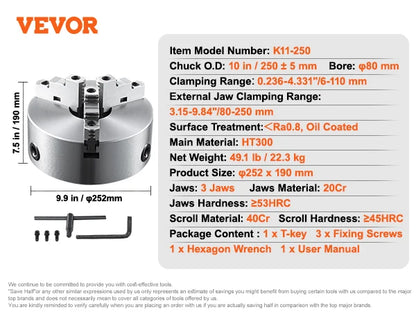 VEVOR 3-Jaw Lathe Chuck 100/125/160/200/250 mm Self-Centering Lathe Chuck Multiple Clamping Range for Lathe 3D Printer Machining