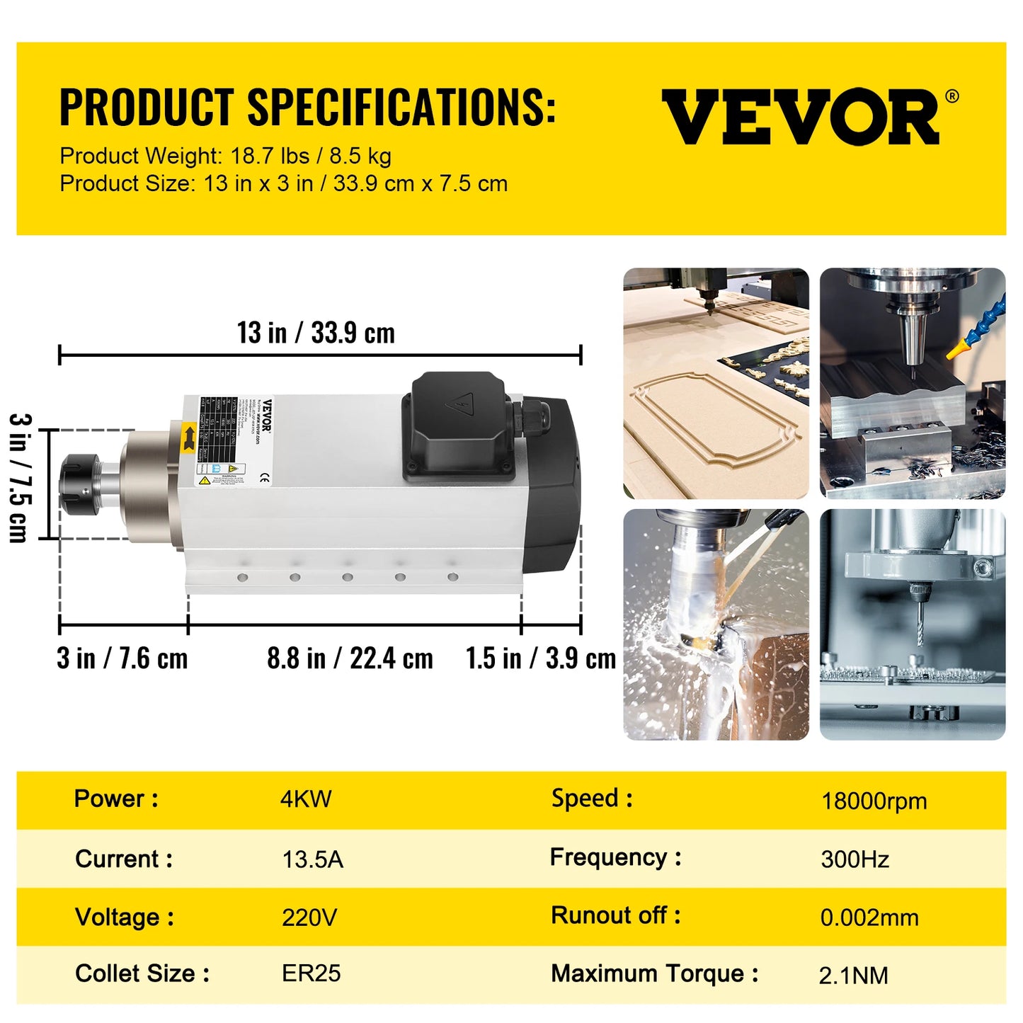 VEVOR Air Cooled Spindle Motor 0.8KW/1.5KW/2.2KW/3KW/ 4KW ER11/ER20/ER25 Collect for CNC Router Engraving Milling Machine Use