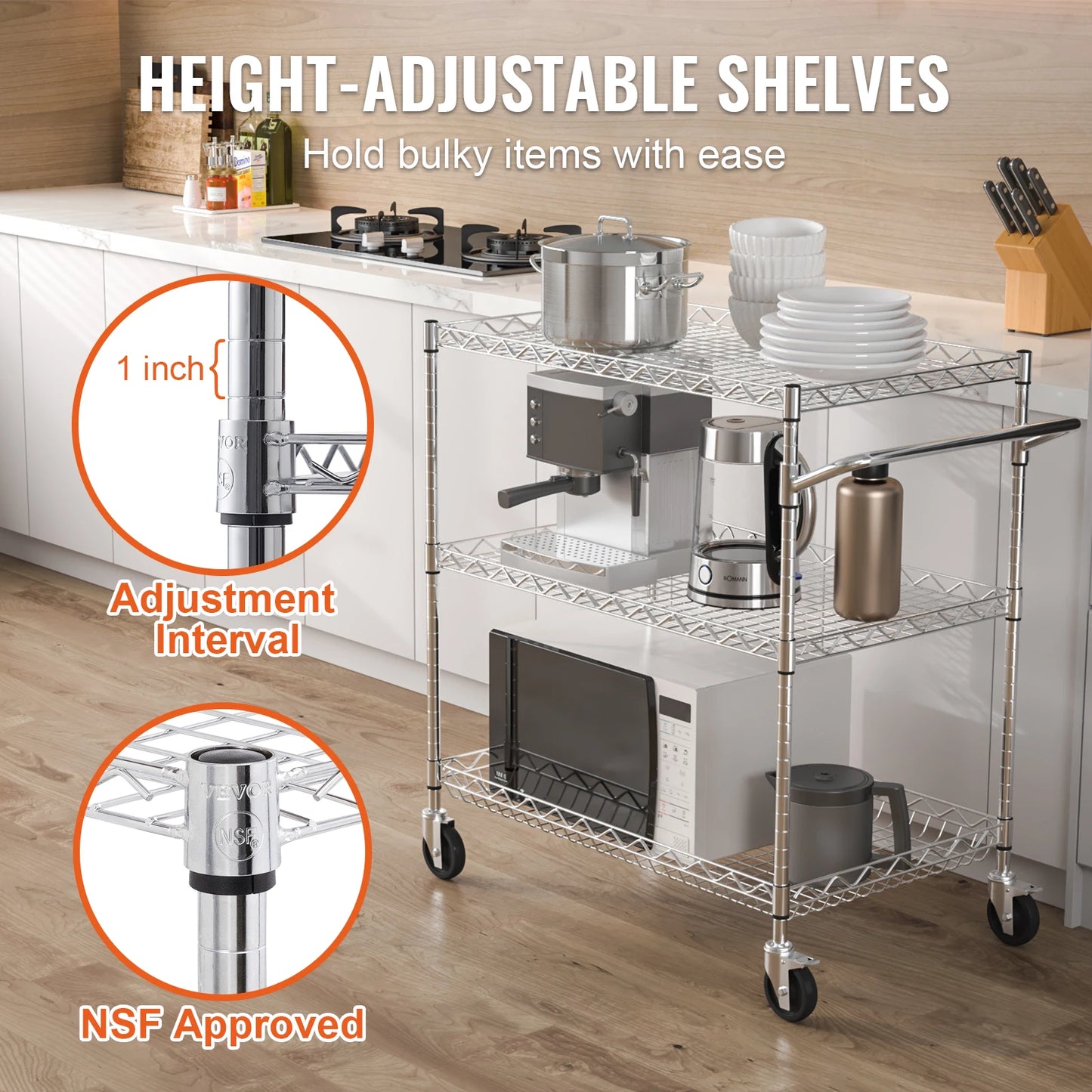 VEVOR Rolling Utility Cart 3-Tier Mobile Shelving Unit Organizer Service Cart on Wheels Metal Storage Trolley for Kitchen Bar
