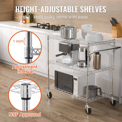 VEVOR Rolling Utility Cart 3-Tier Mobile Shelving Unit Organizer Service Cart on Wheels Metal Storage Trolley for Kitchen Bar