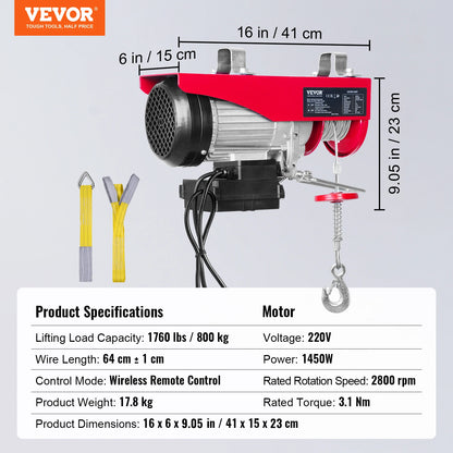 VEVOR 400-1000kg Electric Hoist Lifting Crane Cable Hoist Winch for Boat Car Garage Elevator with Wired Remote Control Lifter