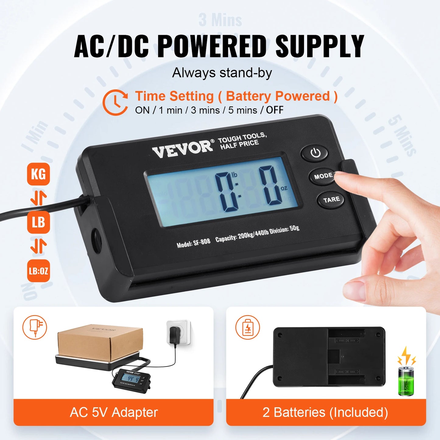 VEVOR 440lbs Digital Shipping Scale with Timer Tare Function HD LCD Screen Portable Package Postal Scale for Home Post Office