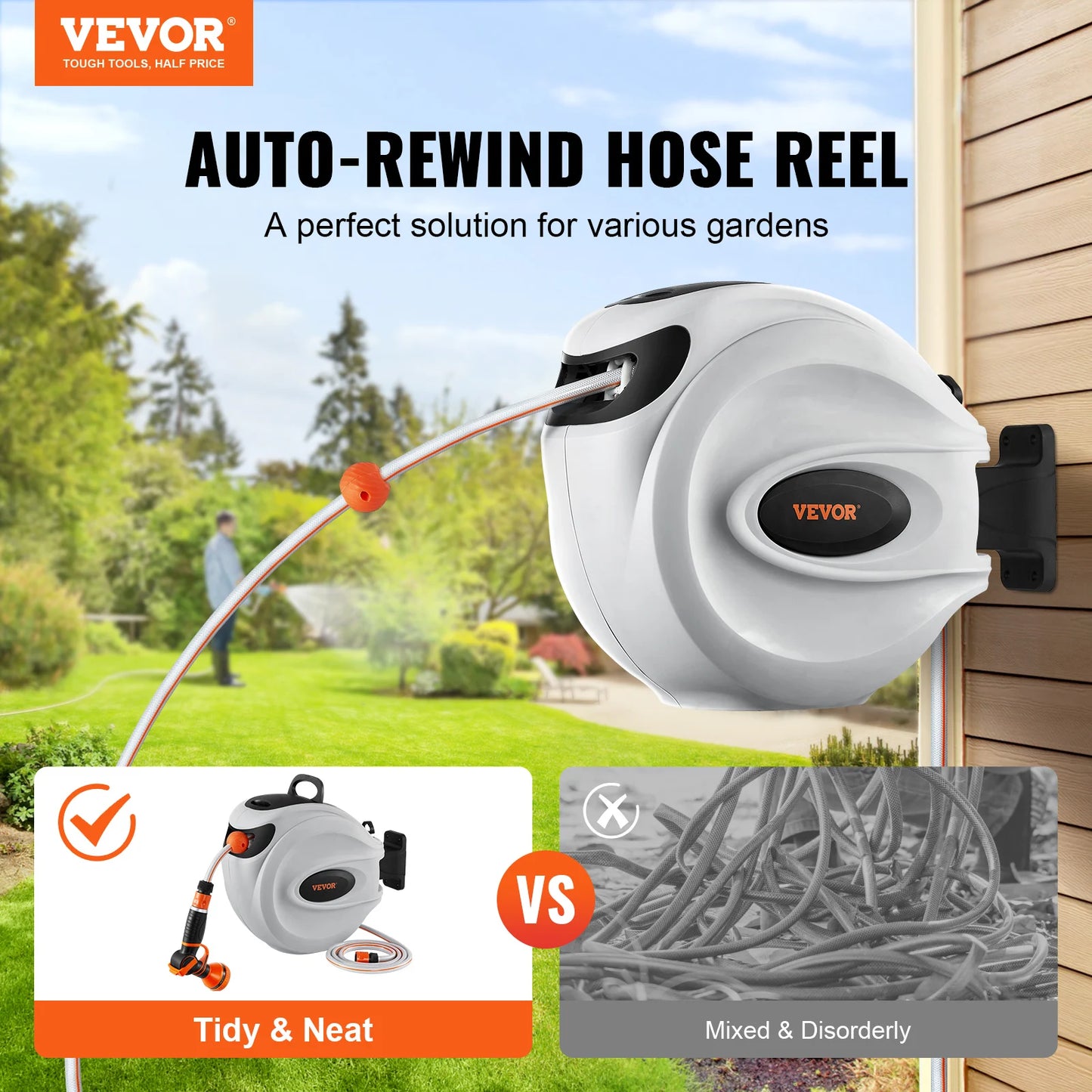 VEVOR Retractable Hose Reel 82 feet x 1/2 inch 180° Swivel Bracket Wall-Mounted Garden Water Hose Reel with 9-Pattern Nozzle