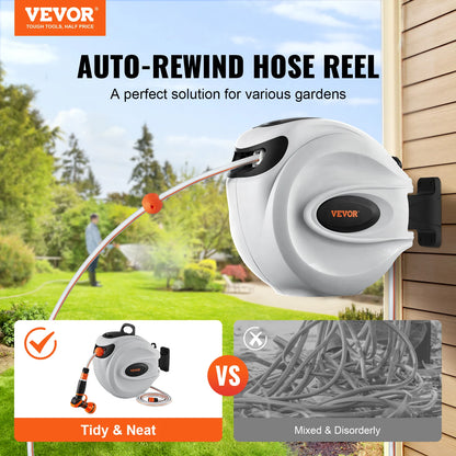 VEVOR Retractable Hose Reel 82 feet x 1/2 inch 180° Swivel Bracket Wall-Mounted Garden Water Hose Reel with 9-Pattern Nozzle