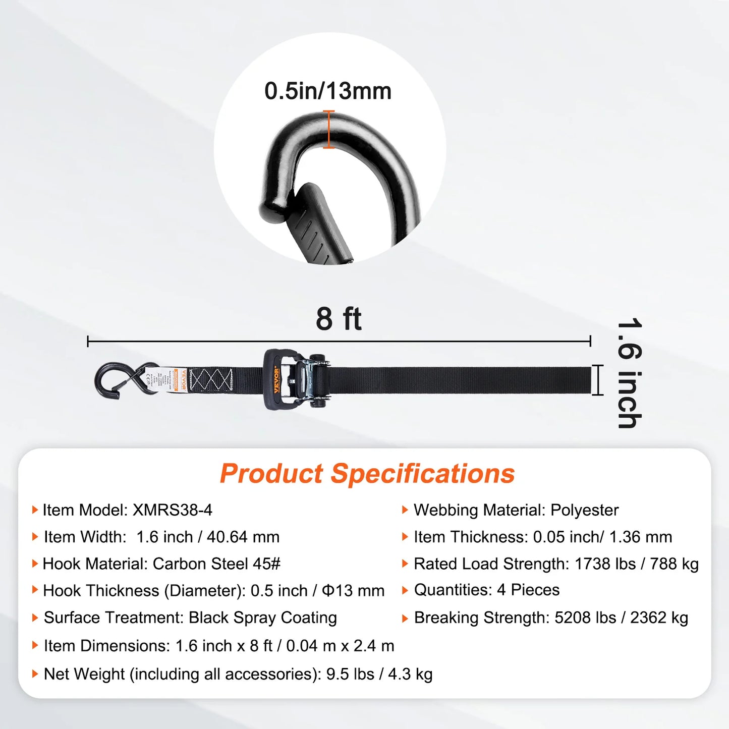 VEVOR 4pcs Trailer Ratchet Tie Down Straps with Padded Handles Hook Brake Binding Belt for Moving Securing Cargo Motorcycle