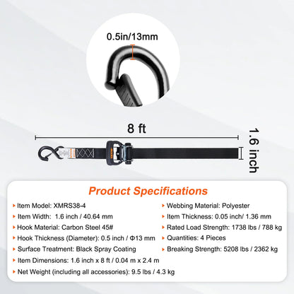 VEVOR 4pcs Trailer Ratchet Tie Down Straps with Padded Handles Hook Brake Binding Belt for Moving Securing Cargo Motorcycle