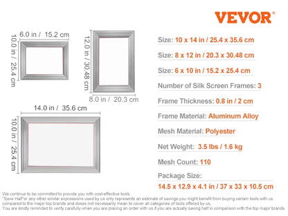 VEVOR Screen Printing Kit 2/3 Pieces Aluminum Silk Screen Printing Frames 110 Count Mesh 5 Glitters and Screen Printing